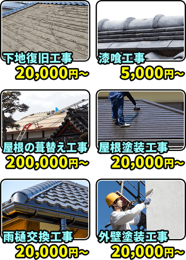 下地復旧工事20,000円～ 漆喰工事5,000円～ 屋根の葺替え工事200,000円～ 屋根塗装工事20,000円～ 雨樋交換工事20,000円～ 外壁塗装工事20,000円～